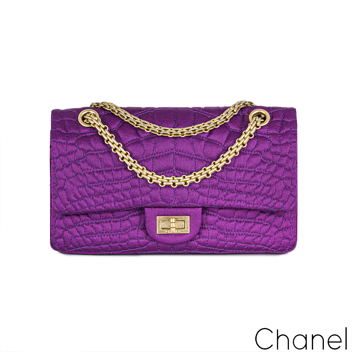 Chanel 2-55 Purple Satin Shoulder Bag with Crocodile Pattern, 2000s